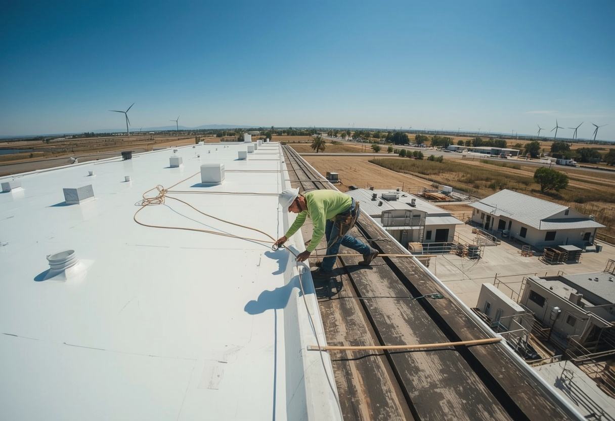 Reflective Title 24 cool roof membrane being finished in Rio Vista, California