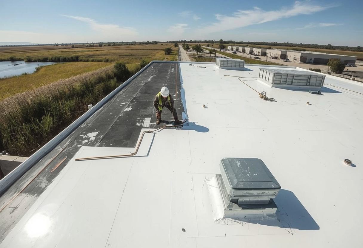 Reflective Title 24 cool roof membrane being finished in Suisun City, California