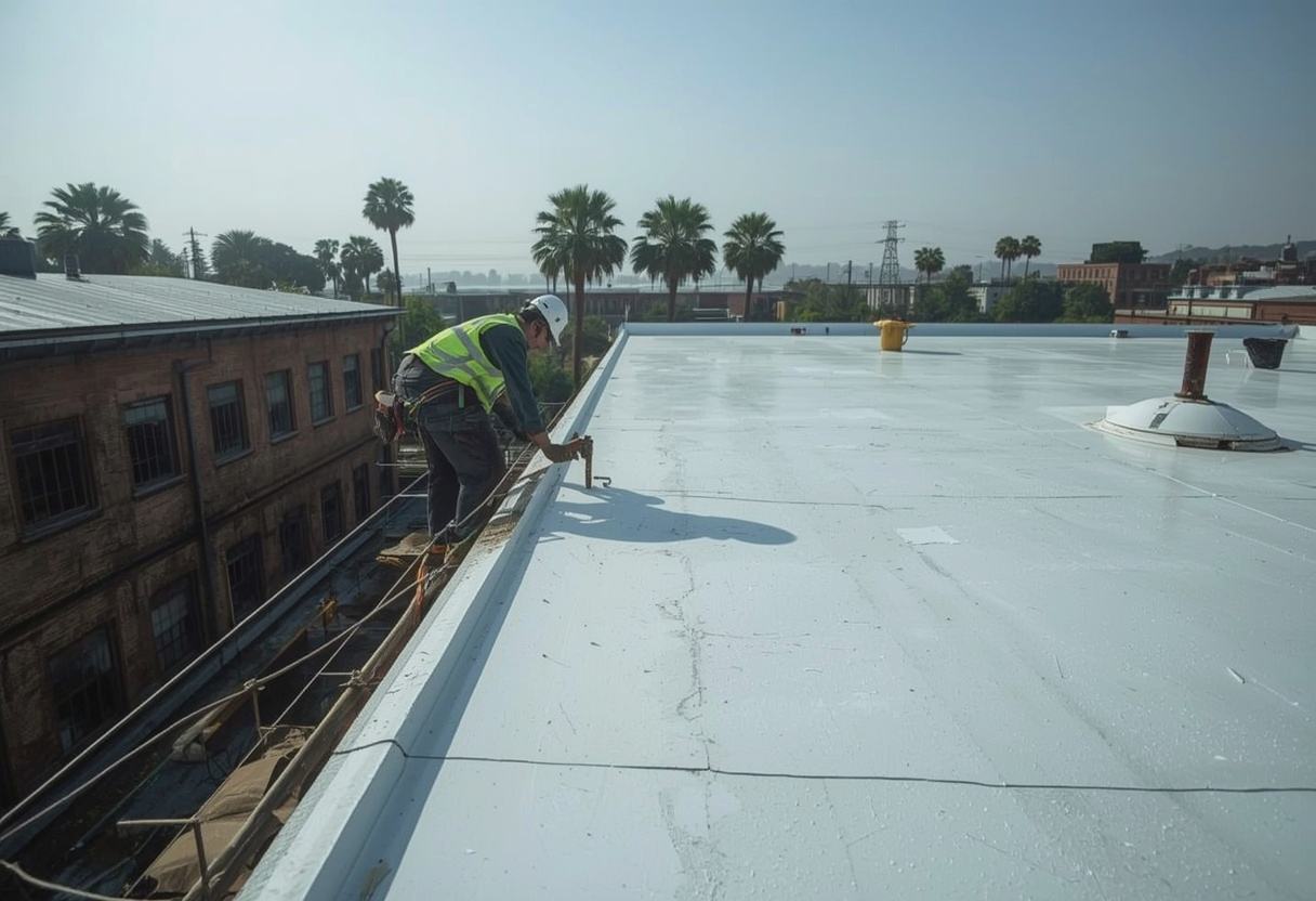 Reflective Title 24 cool roof membrane being finished in Vallejo, California