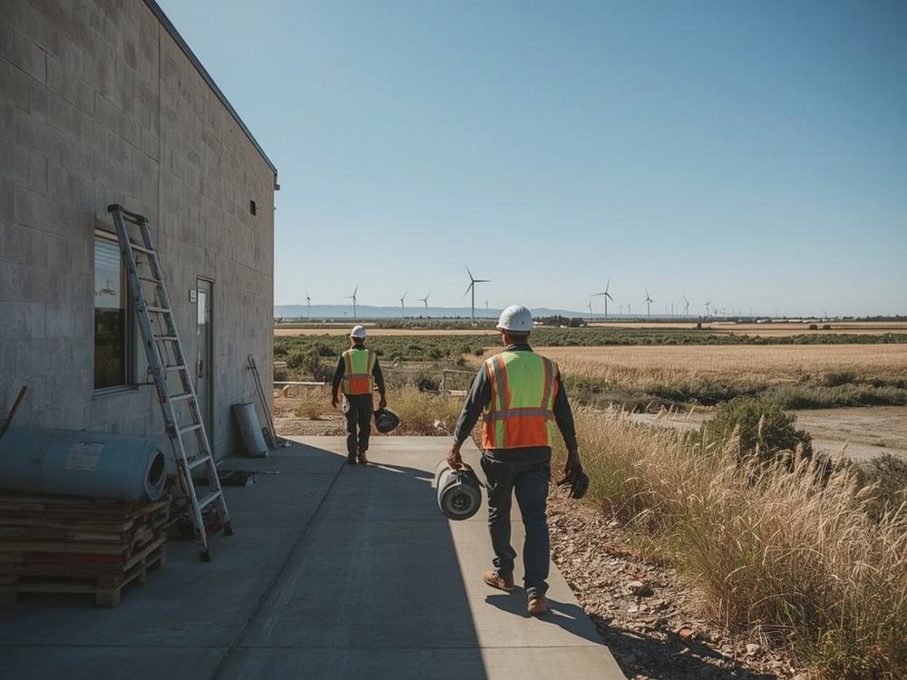 Roofers carrying a membrane roll and ladder to a commercial building in Rio Vista, California